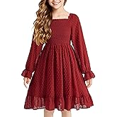 Cubear Girls Long Sleeve Dress Kids Ruffle Tiered Dress Swiss Dot A-Line Christmas Fall Winter Dress 6-15 Years