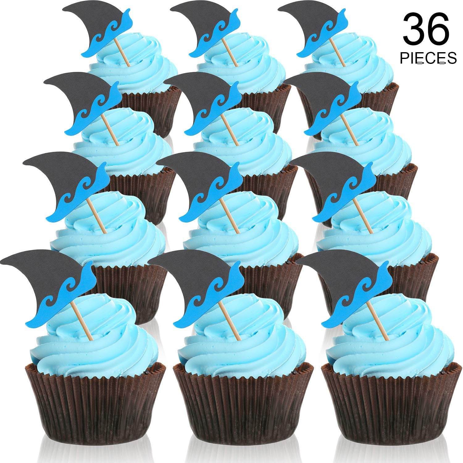 Chengu 36 Pieces Shark Cupcake Toppers, Shark Shape Cake Picks for Mini Cake, Dessert, Sandwich and Appetizer Animals Shark Themed Birthday Decoration (Shark Shape Topper Style, 36 Pieces)