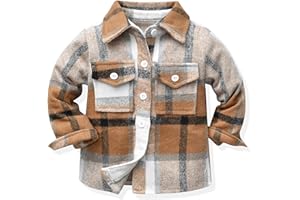 ALLureLove Toddler Boys' Girls' Flannel Plaid Shirt Button Down Long Sleeve Jacket Lapel Shacket Coat Tops Casual Outwear