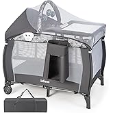 INFANS 4 in 1 Pack and Play, Portable Travel Baby Playard with Bassinet, Changing Table, Canopy, Mosquito Net, Hanging Toys, Music Box, Storage Bag, Large Playpen from Newborn to Toddlers (Grey)