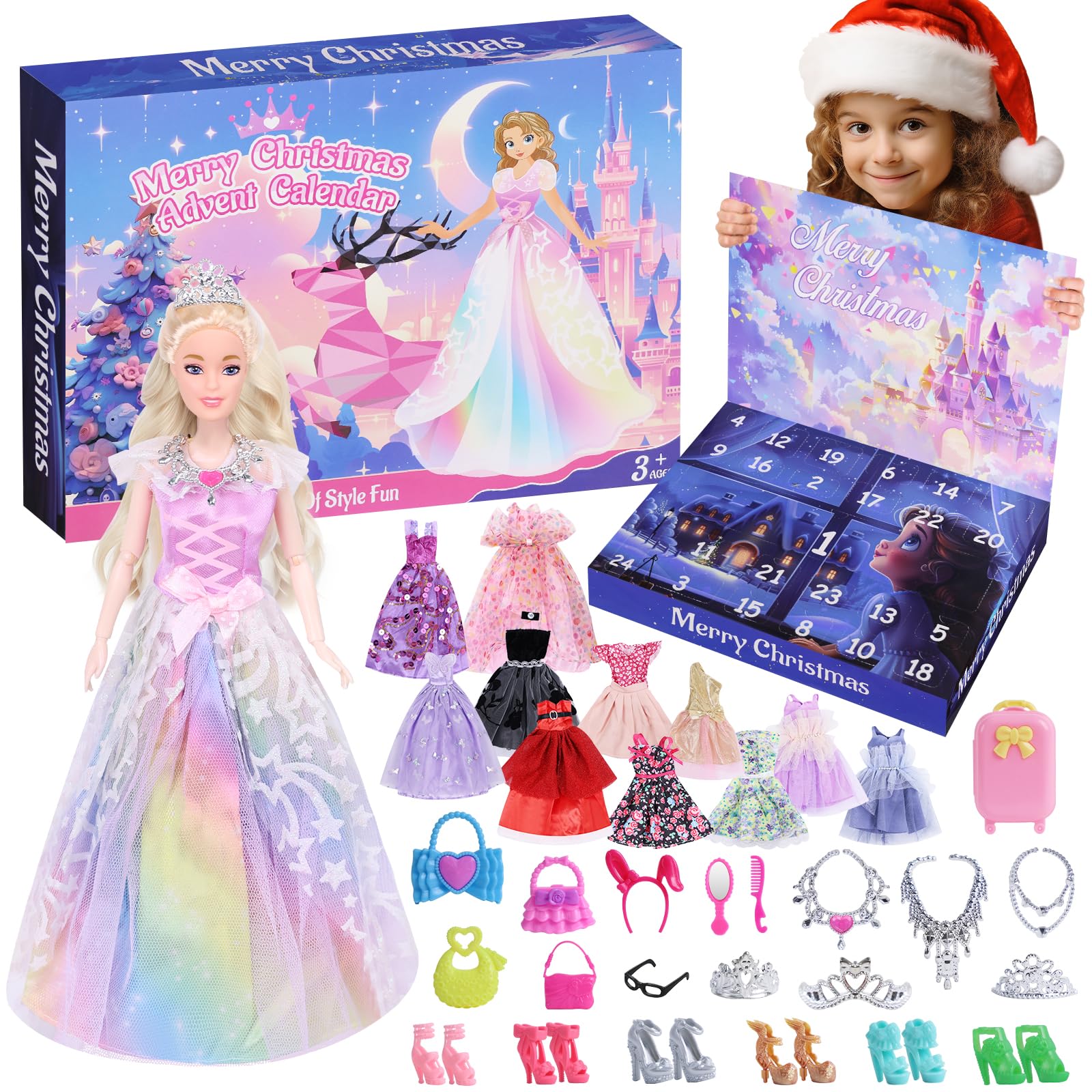 Advent Calendar 2025 Christmas Gifts for Girls, 24 Days Christmas Vacation Countdown Calendar Xmas Gift Present for Girls and Kids, Including Doll with Costumes and Accessories
