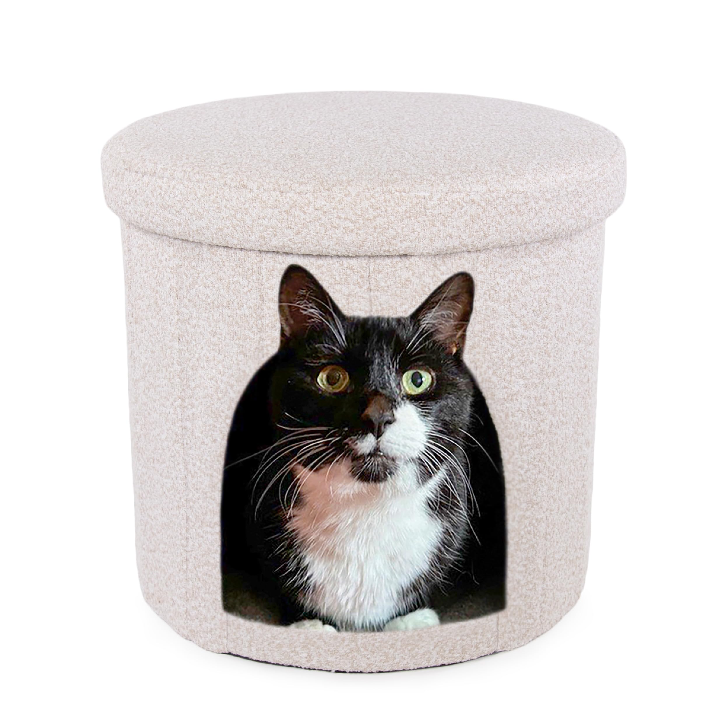 Rosewood Boucle Fold-Away Cat Den, Neutral Beige, Stylish Cat Hideaway with Removable Machine-Washable Cushion, Foldable Design for Easy Storage, Cozy and Trendy Boucle Fabric