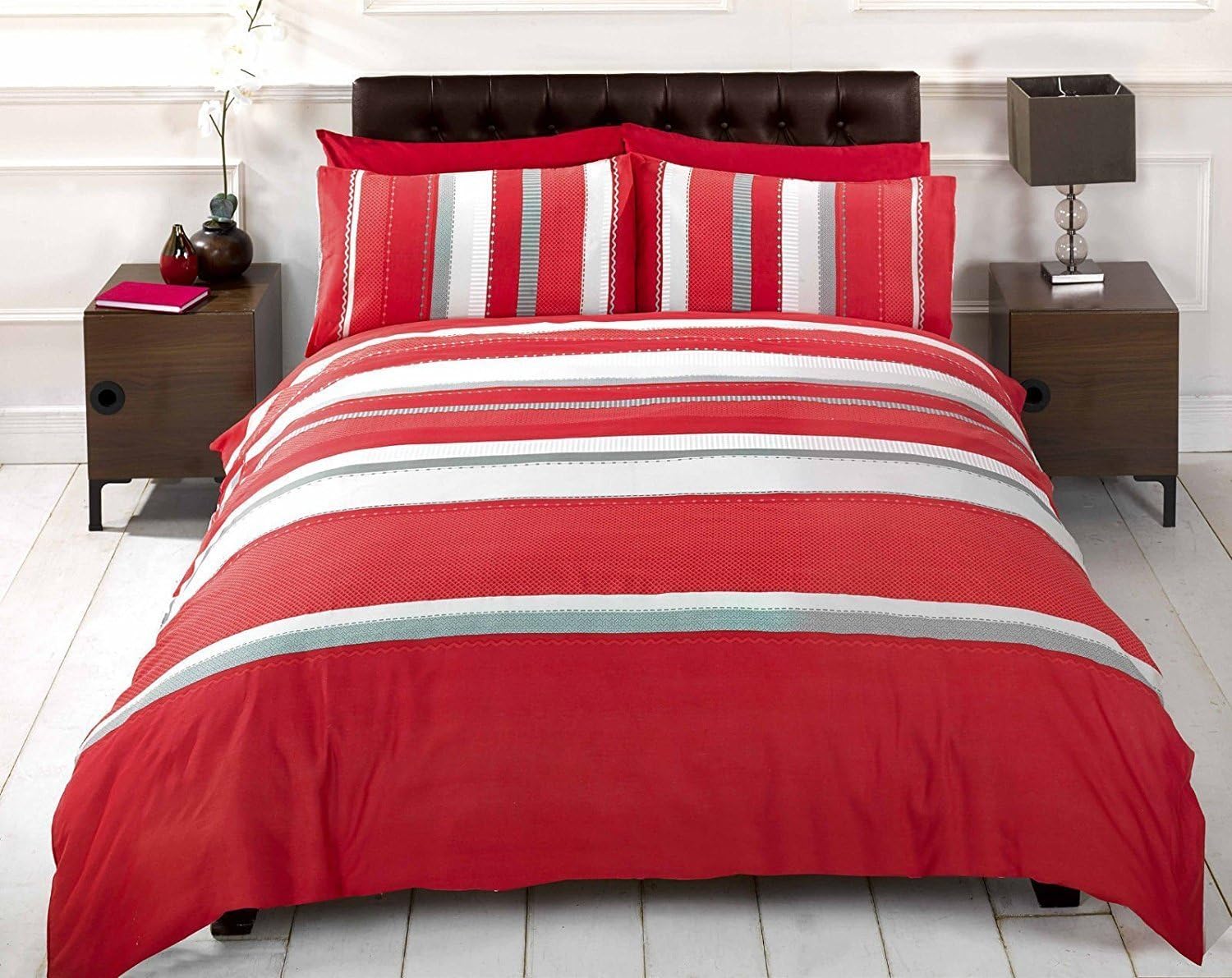 R H Linens Detroit Red Grey White Striped Duvet Cover Quilt Bedding Set