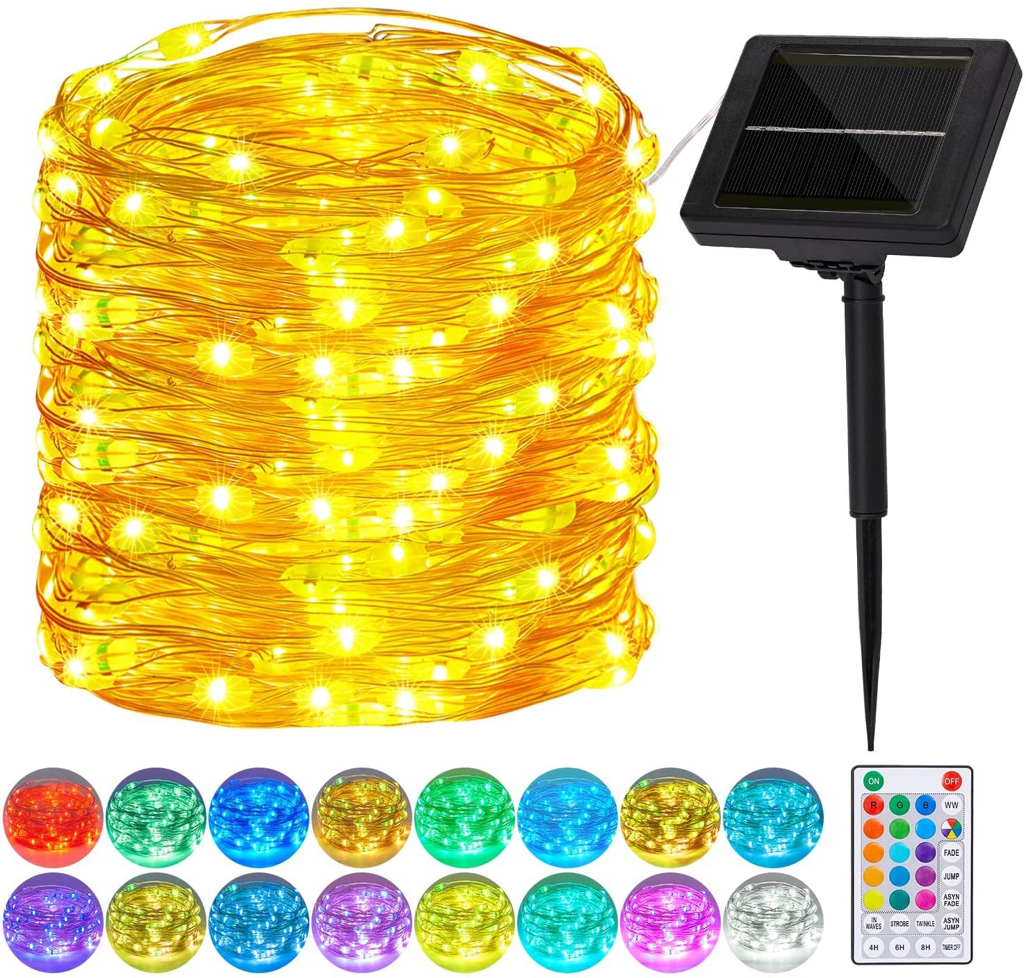 FilFom Solar String Lights Multicolor, 36ft 100 LED 16Colors Solar Garden Lights RGB Fairy Lights, 8 Modes for Indoor/Outdoor, Patio, Gate, Yard, Fence, Gazebo, Wedding, Party Decoration