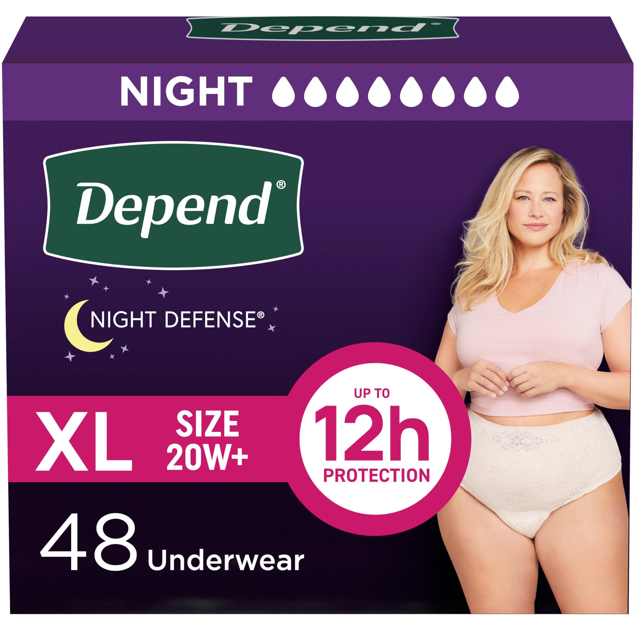 Photo 1 of Depend Night Defense Adult Diapers, Incontinence & Postpartum Bladder Leak Underwear for Women, Disposable, Overnight, Extra-Large, Blush, 48 Count (4 Packs of 12), Packaging May Vary