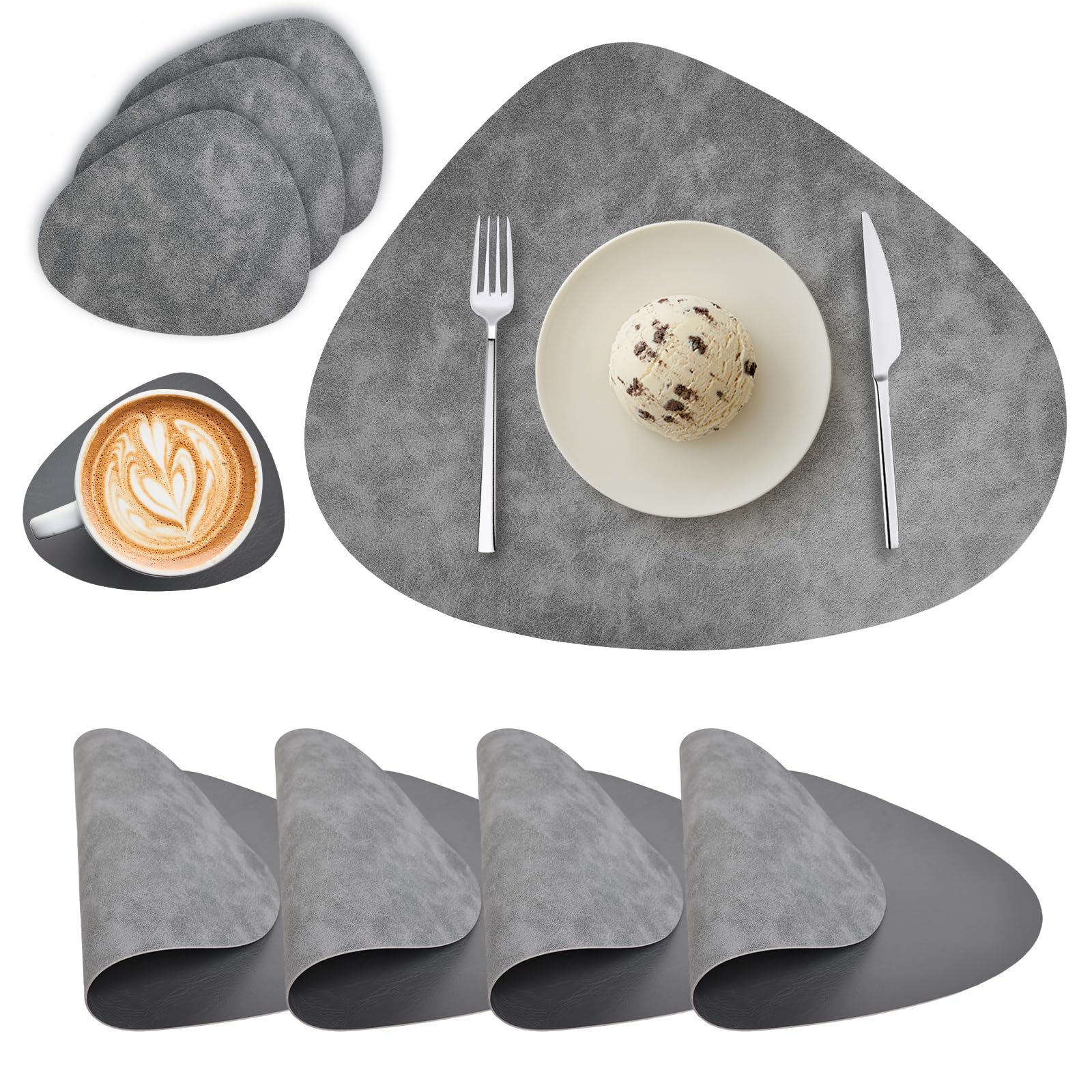 Placemats and Coasters Sets of 4, Round PU Leather Table Mats Dual-Sided Place Mats Heat-Resistant Washable Non-Slip Table Placemats for Kitchen Restaurant Outdoor (Gray Dark Gray)
