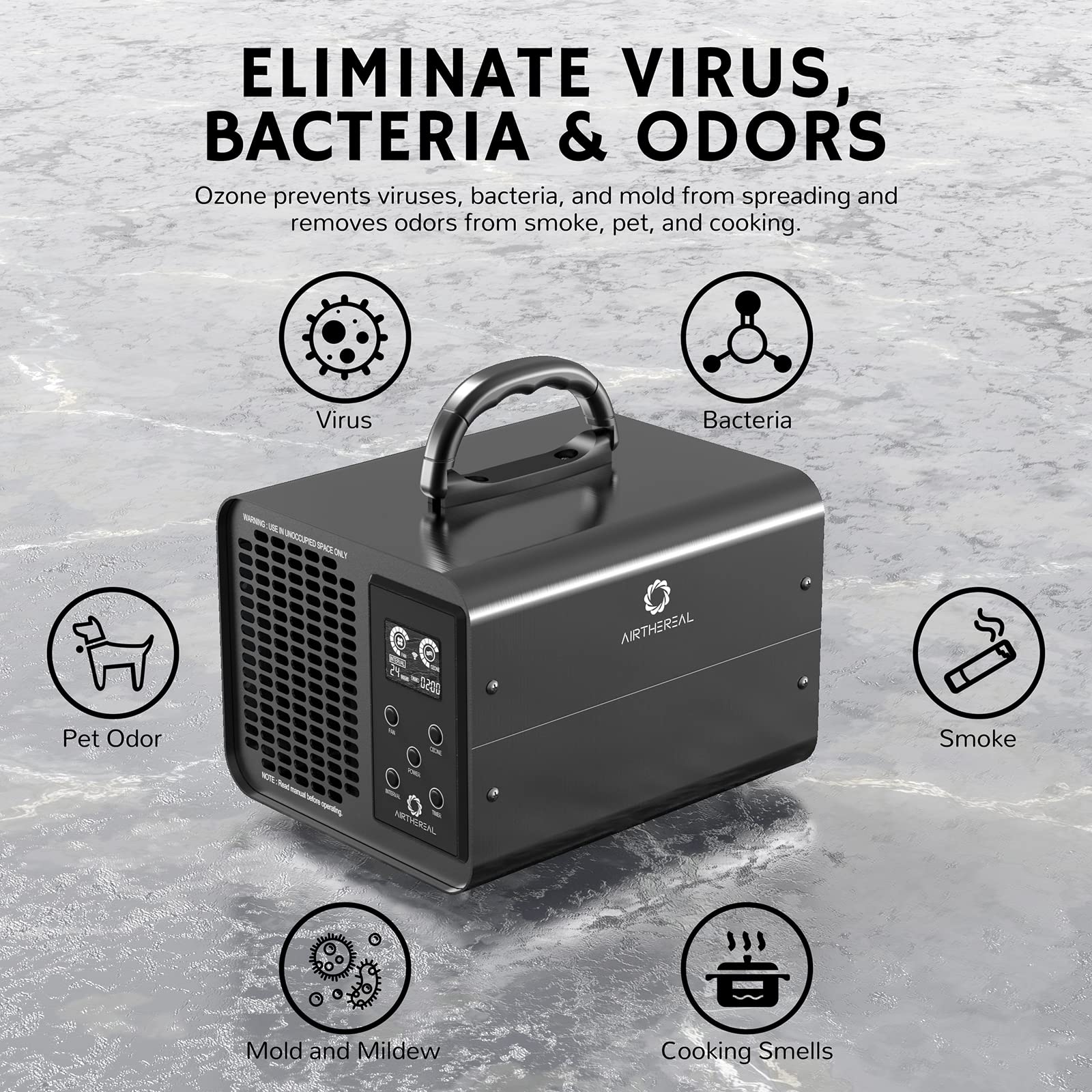 Airthereal MA10K-PRO SMART WiFi Ozone Generator - High Ozone Output Capacity Ozonator- Odor Remover, Deodorizer, Sterilizer - Adjustable Output and Timer Settings for Any Size Room - Black