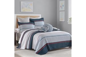 SahSahCasa Quilt Set Twin Size, 100% Cotton Quilt Bedding Set Bedspread, Modern Striped Grid 2pcs Quilted Bed Spread Lightweight Comforter for Kid Children Adult, Dark Blue/White/Red