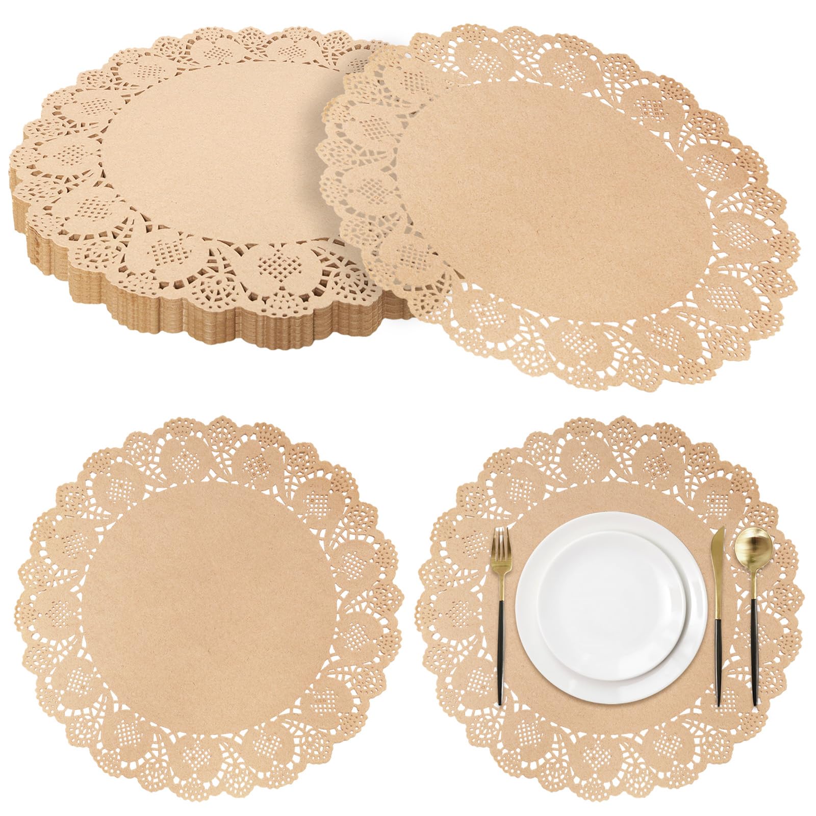 Photo 1 of 100 Pieces Round Kraft Paper Doilies 13.5 Inches Lace Papers Doilies Disposable Decorative Place Mats Table Pads for Food Cakes Crafts Party Weddings Tableware Decor