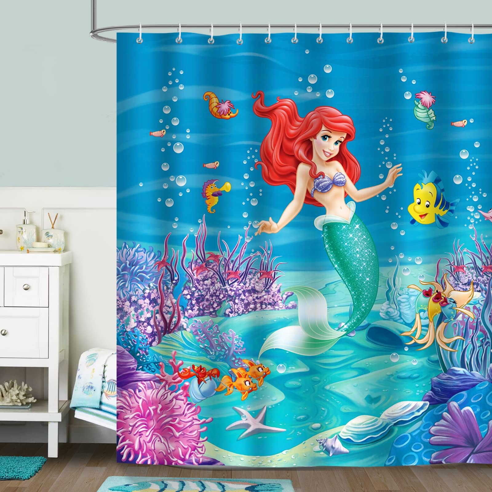 Bonhause Fish Marine Shower Curtain for Kids Underwater 180 x 180 cm Girls Blue Bathroom Curtain Mildew & Mould Resistant Polyester Fabric Waterproof Bath Curtain with 12 Hooks