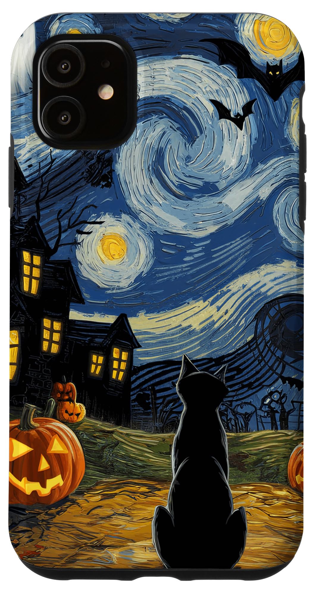 iPhone 11 Halloween Starry Night Scene Black Cat Ghosts and Pumpkins Case