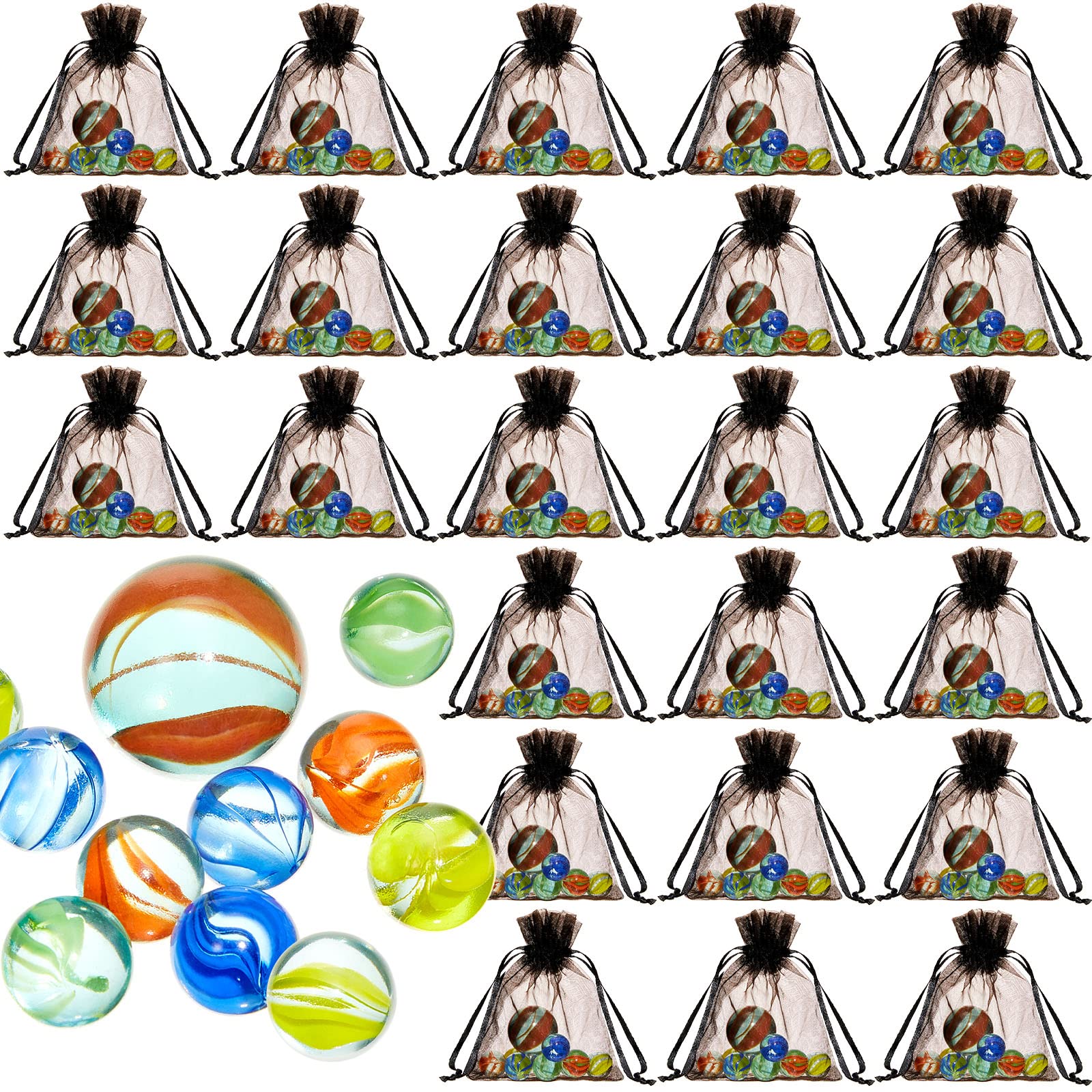 Photo 1 of Lewtemi 24 Set Glass Marbles Assorted Colors Shooter Marbles with Black Drawstring Storage Bag Classic Cat Eye Mix Set or Indoor and Outdoor Game Party Favors for Bounce, Chinese Checkers Board Game