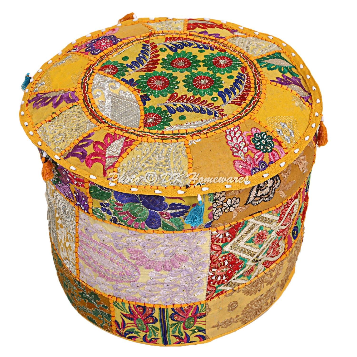 DK Homewares Vintage Indian Mango Yellow Footrest Pouffe Cover Hassock Embroidered Home Decor Bean Bag Colourful Seat Floral Patchwork Ottoman Footstool Cover (16X16X13 Inches / 40 Cm)