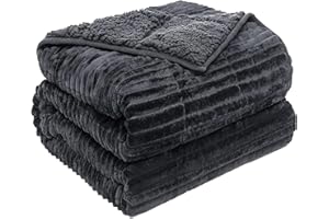 EAZFY PRO Sherpa Fleece Adult Weighted Blanket with Ribbed Stripes, 15 Pounds Dual Sided Soft Plush Blanket for Couch Bed Sofa, Heavy Thick Blankets with Ceramic Beads Great for Sleep, Dark Grey, 48" x 72"