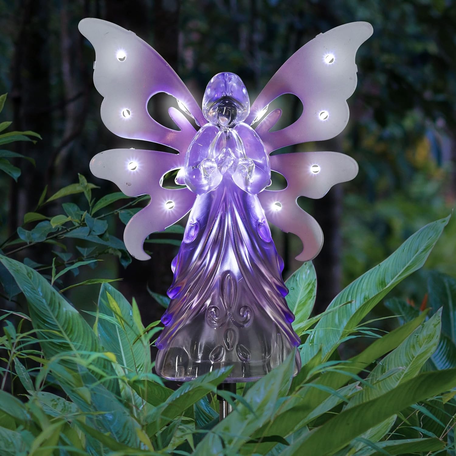 Decorative Garden Stakes - Exhart Garden Solar Lights, Decorative Angel Garden Stake, 13 LEDs, Cute Yard and Pathway Decor, Purple, 7 x 40 Inch