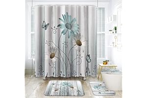 NEWSUYAA 4Pcs Daisy Flower Bathroom Shower Curtains Sets,Rustic Floral Bath Decor with Non-slip Rugs U-shaped Mat Toilet Seat