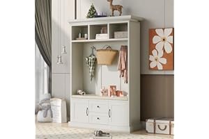 Polibi Modern Hall Tree with Upholstered Bench, 2 Cabinet, 2 Drawers, Top Shelves and 3 Hooks, Entryway Coat Rack Hanger for Hallway Living Room Bedroom/White