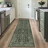 Washable Area Rug 2.6x8 Green Runner Rugs for Living Room, Vintage Boho Hallway Large Rug for Bedroom Dining Room Office, Distressed Floral Carpet for Under Table, Soft Non Slip Low Pile Throw Carpet