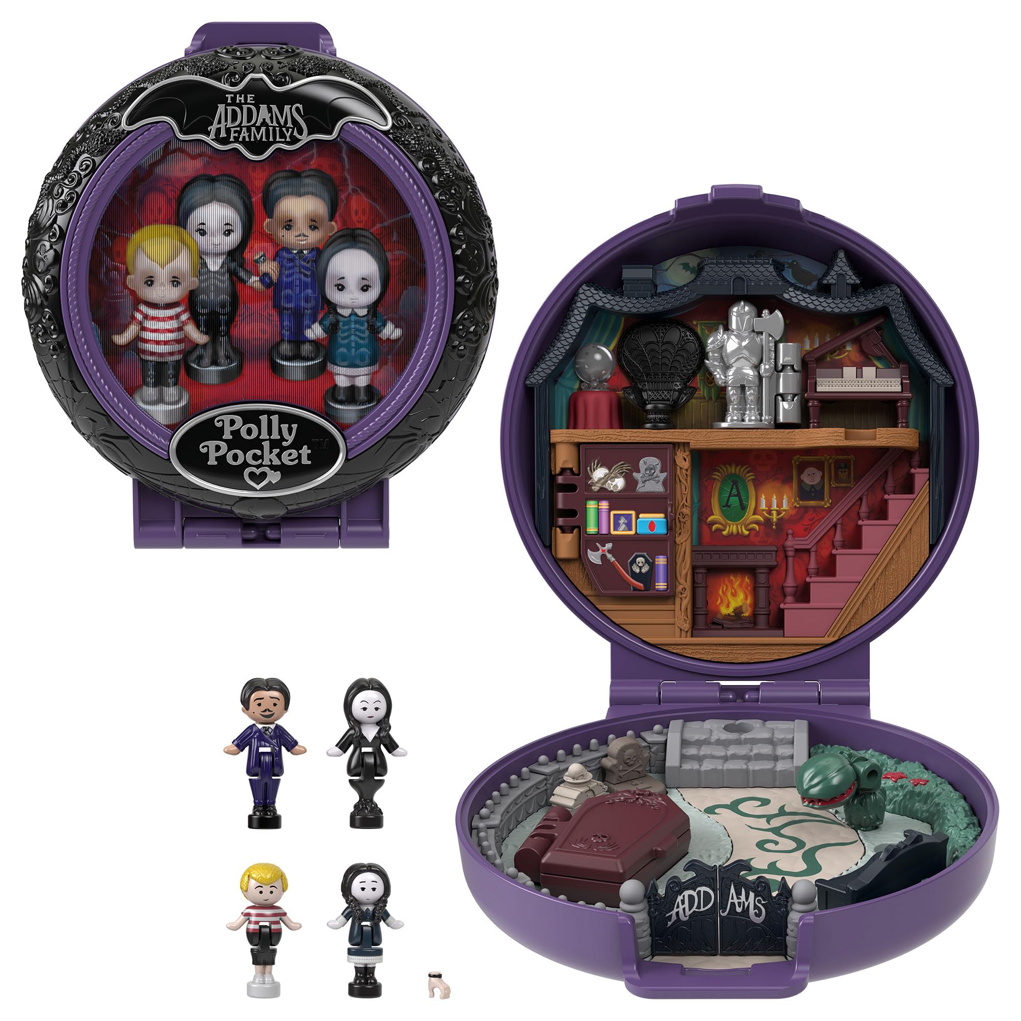 Polly Pocket Collector Playset, The Wednesday Addams Family Compact with 4 Special Edition Character Dolls and 1 Accessory, HXW25 — image 1