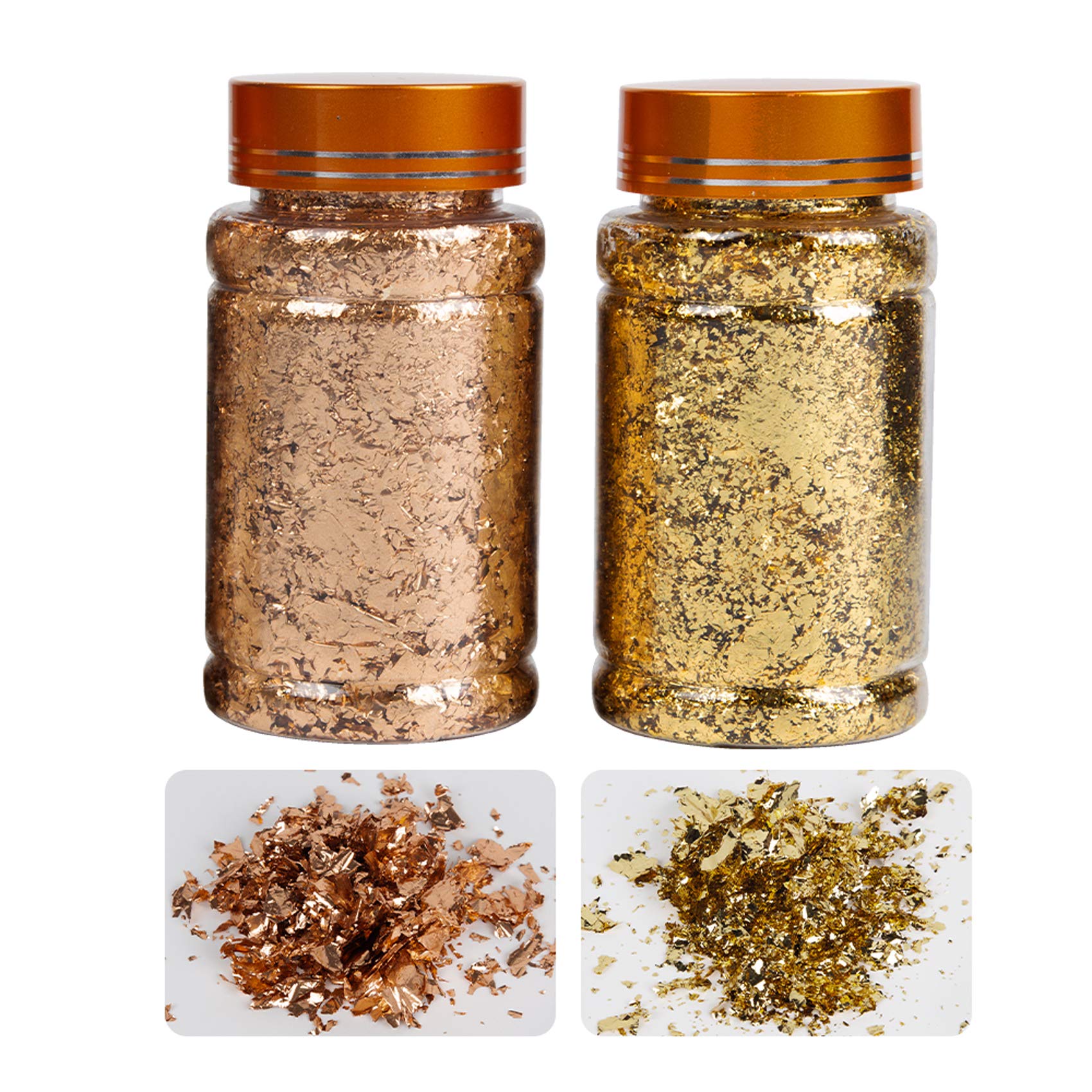 VGSEBA Gilding Gold Leaf Flakes, 5g/Bottle Metallic Imitation Gold Foil Flakes for Gilding, Painting Arts, Crafts Nails and DIYS(K Gold+Rose Gold)