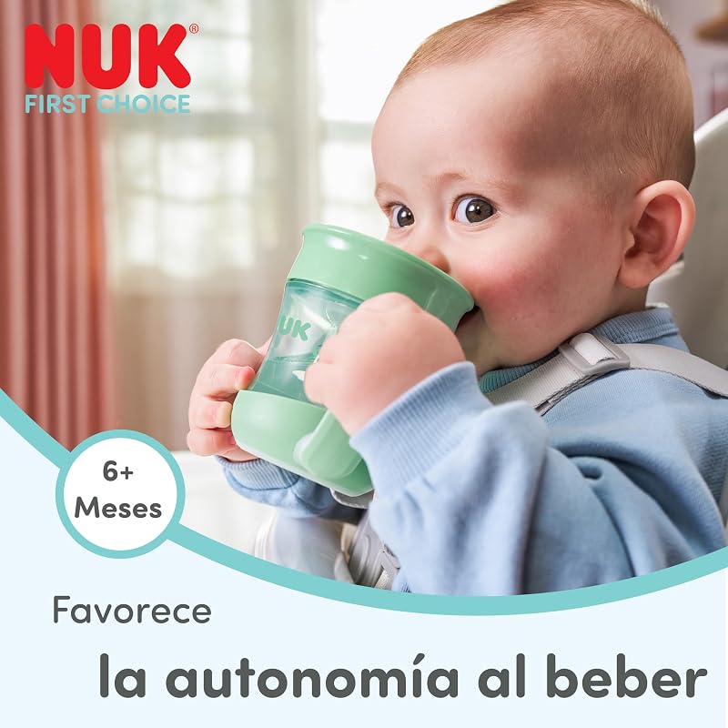 Mini Magic Cup Night vaso aprendizaje bebé, 6+ meses, Verde y gris, Vaso bebé 160 ml, borde antiderrame de 360°, asas antideslizantes, brilla en la oscuridad, 2 unidades