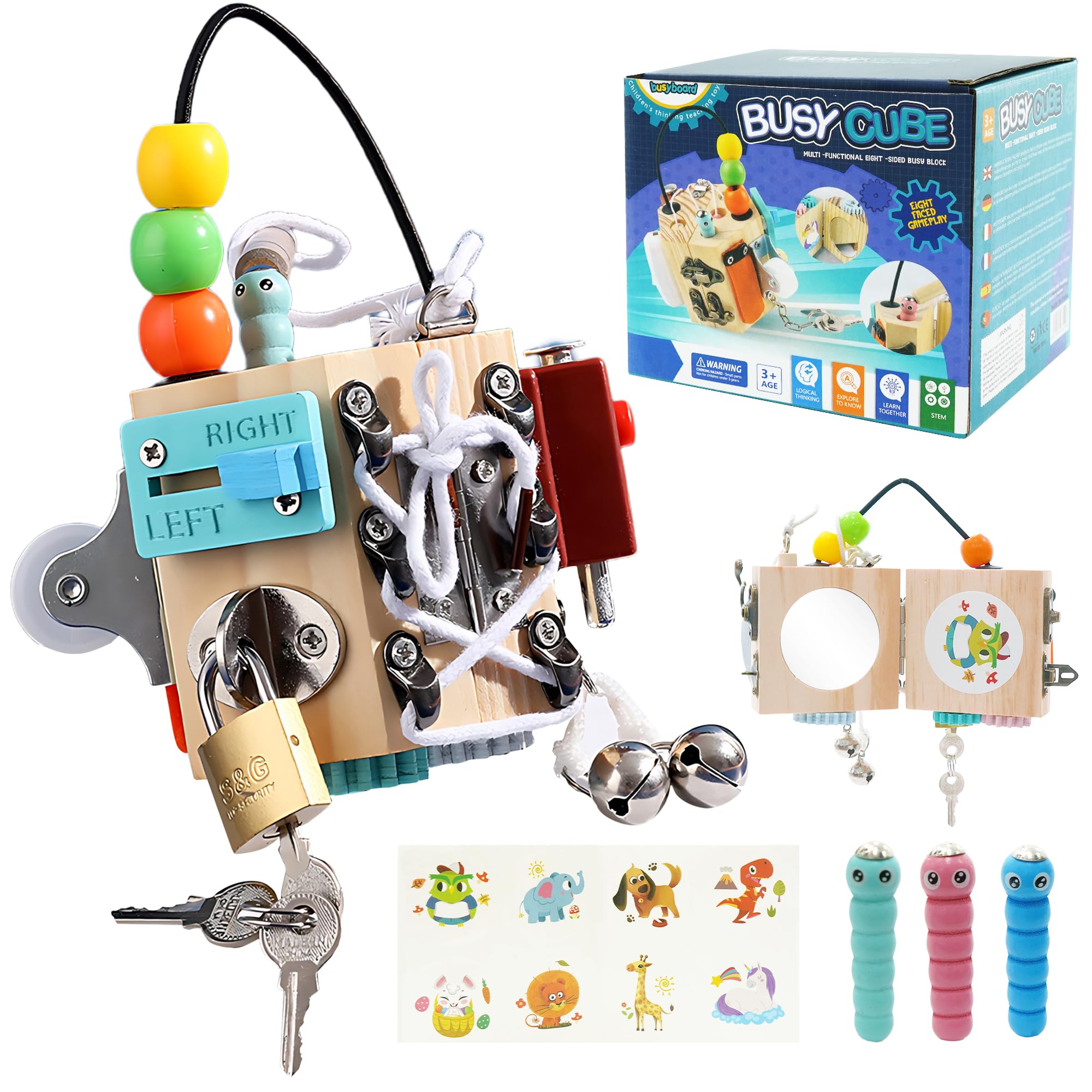 NUKied Busy Cube for Kids 15-in-1 Sensory Busy Board Travel Toy Handmade Montessori Educational Learning Toys Activity Board Wooden Activity Cubes for Toddlers 3+ Years Old