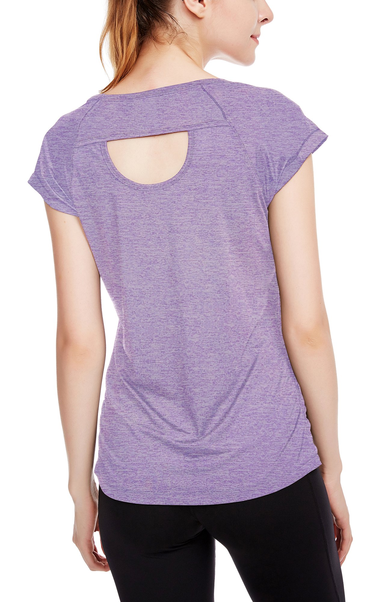 icyzone Workout Running Shirts for Women - Fitness Gym Yoga Exercise Short Sleeve T Shirts Open Back Tops (S, Lavender)