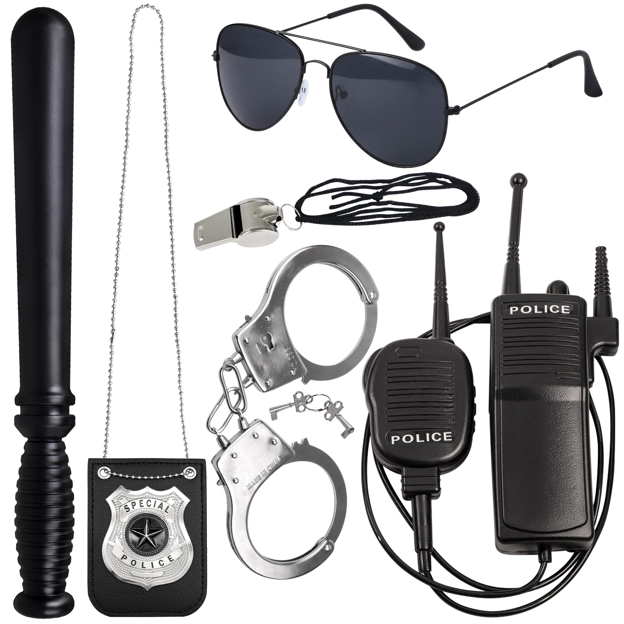 Orgoue 6PCS Police Officer Costume Accessories, Police Costume Set for Girls Boys Kids with Walkie Talkies Handcuffs Badge Eyeglasses Baton Whistle for Halloween Carnival Fbi Pretend Play
