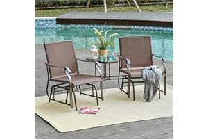 Outdoor Glider Bench&Chair, X&T 2 Person Patio Double Glider Rocker Chair with Metal Sliding Tracks, Patio Glider Swing Chair Loveseat with Sling Fabric and Center Table, for Porch Garden Lawn, Black