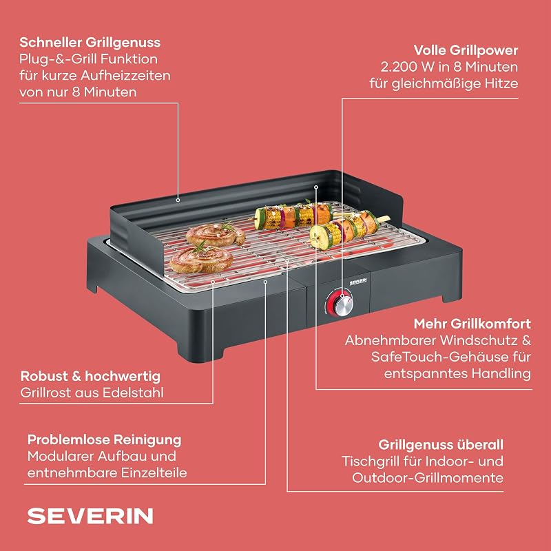 Tischgrill mit Edelstahl-Grillrost für drinnen und draußen, Elektrogrill mit schnellem Grill-Start, Balkon Grill ohne Verbrennungsgefahr, Schwarz, PG 8565