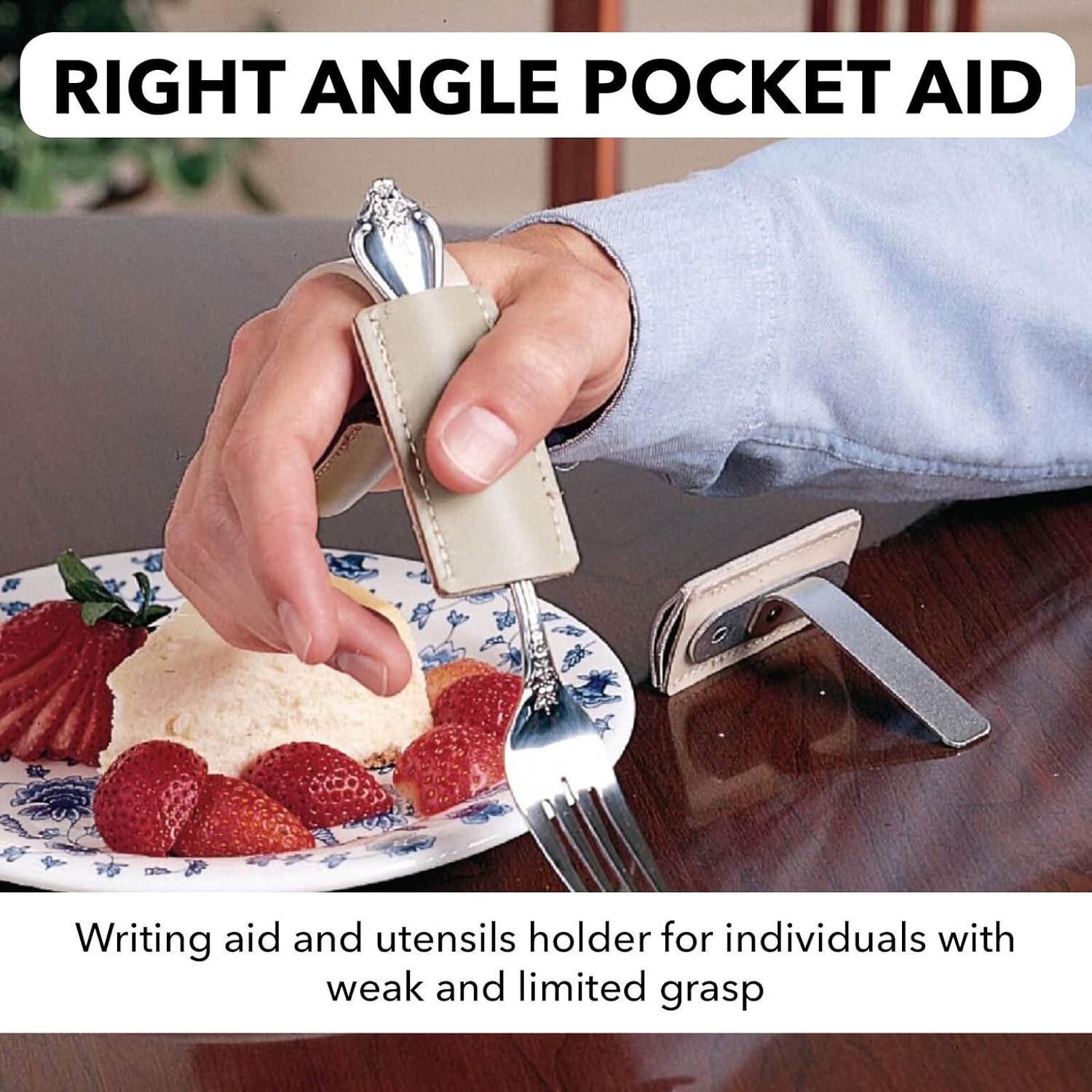Sammons Preston Right Angle Double Pocket Writing Aid, Utensil Holder Addition for Weak or Limited Grasp, Pens, Pencils, Toothbrushes, Eating Cutlery, Slides Into Any Standard Utensil Cuff or Strap: Industrial & Scientific