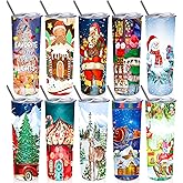 Tanlade 10 Pcs Christmas Tumblers Bulk 20 oz Stainless Steel Christmas Insulated Tumblers with Lid and Straw Double Wall Vacuum Travel Cups Mug for Xmas Holiday Party Favors Gifts