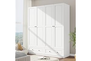 LABROSKIA White 4 Door Armoire Wardrobe Closet with 2 Drawer: 74" Bedroom Wardrobe Closet for Hanging Clothes, Wood Cabinet for Clothes, Armoire with Shelves (White, 63")