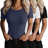 Huukeay 3 Pack Women's Ribbed Knit Crop Tops Lettuce Trim Round Neck Short Sleeve Shirts Summer Slim Fitted Casual Basic Tees