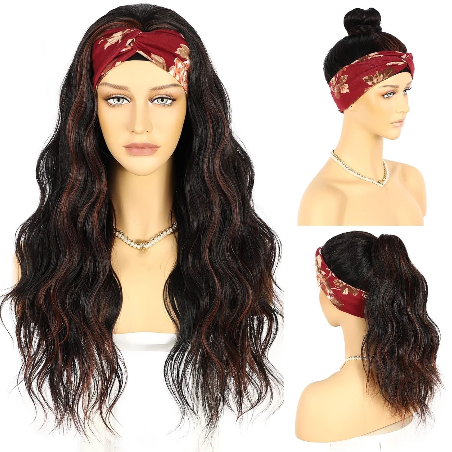 Photo 1 of SAPPHIREWIGS Headband Wigs Synthetic Glueless Headband Wig Loose Body Wave Black Mix Red Highlight Color 150% Density Heat Friendly Headband Wigs for Black Women 26inch