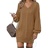 VAFOLY Women's Pullovers Jumper Sweaters Lantern Sleeve Casual V Neck Fall Knit Mini Sweater Dresses