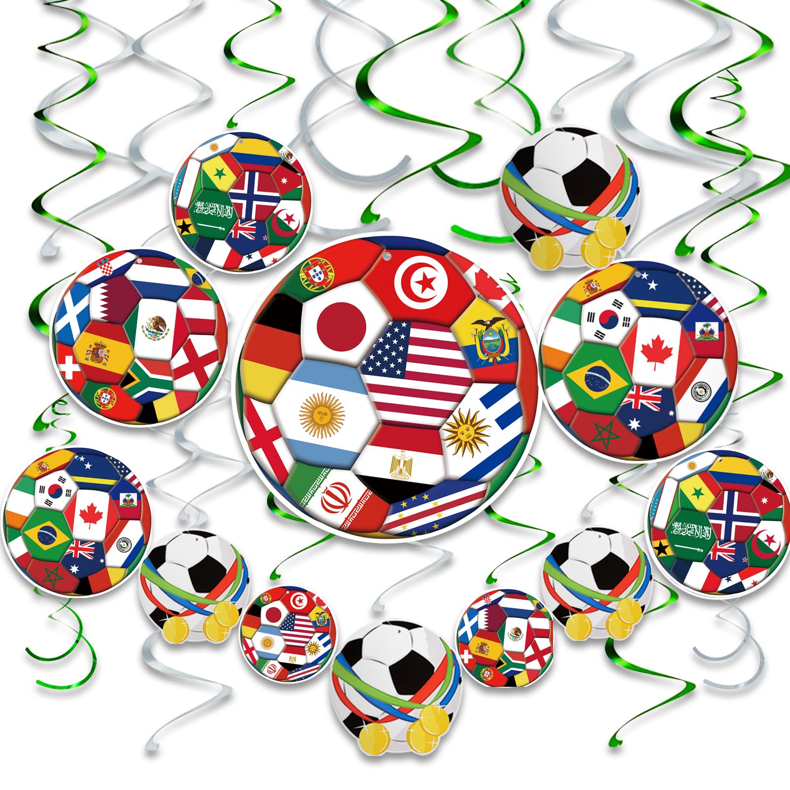 AhfuLife 24pcs World Cup Football 2026 Hanging Swirls for Party Decorations, 12Pcs Football Flag Hanging Swirls and 12pcs Hanging Swirls for World Cup Football Home Party Decorations