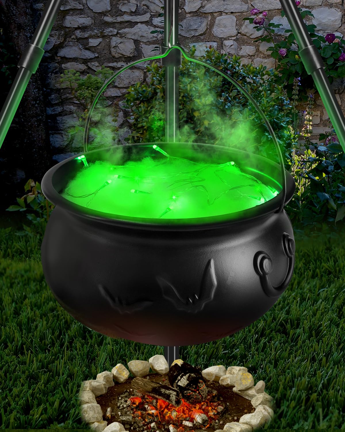 Photo 1 of 2025 Large Witch Cauldron Halloween Decorations Outdoor, Black Plastic Bowl Decor on Tripod with Lights Halloween Cauldron Pot Witches Cauldron Hocus Pocus Candy Bucket Decoration for Porch Home Party