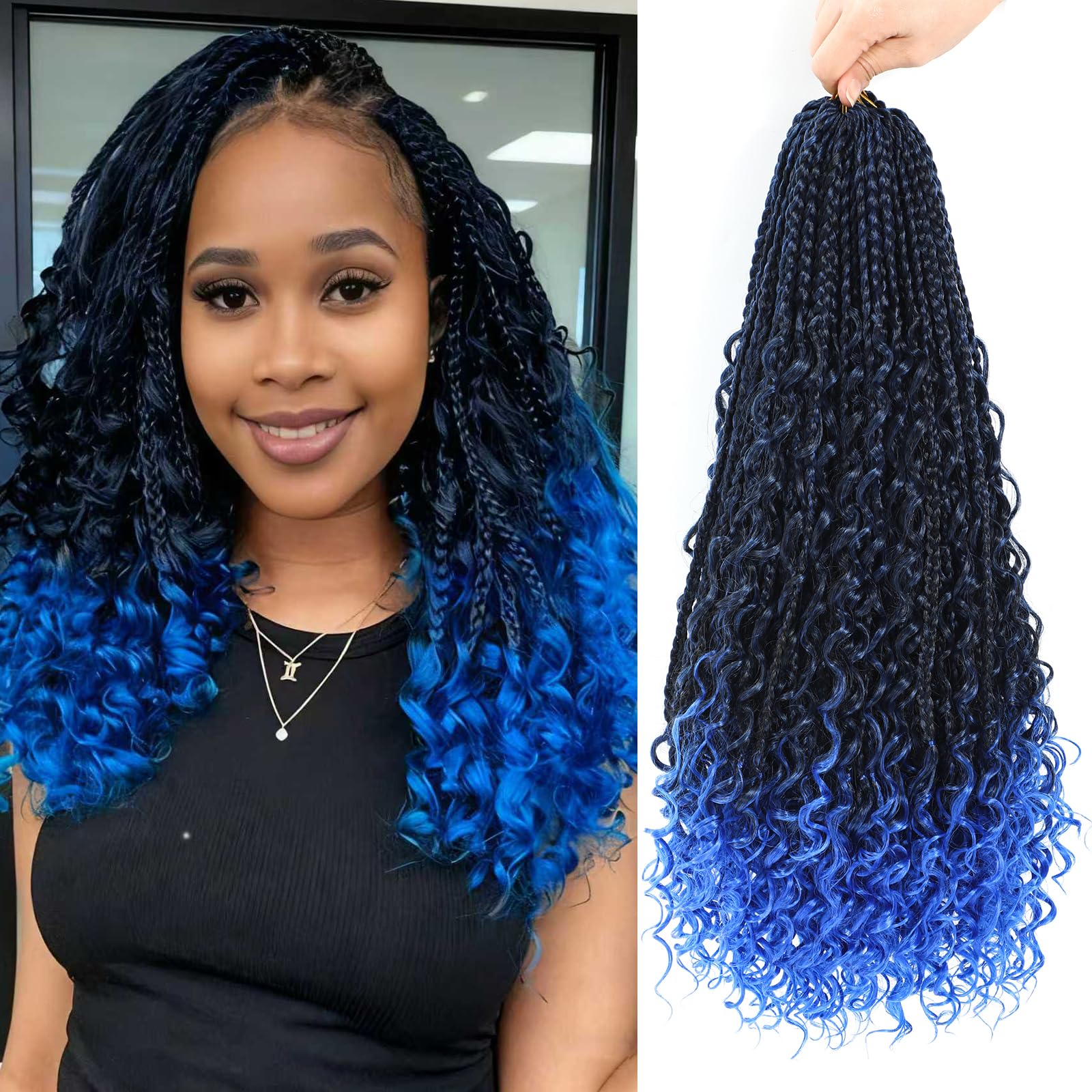 Crochet Braids Hair Extensions 8 Packs 18 Inch Pre-Looped Crochet Hair Extensions for Black Women Boho Braid with Curly Ends Goddess Braids Extensions Hair(1B/Blue#) โ image 1