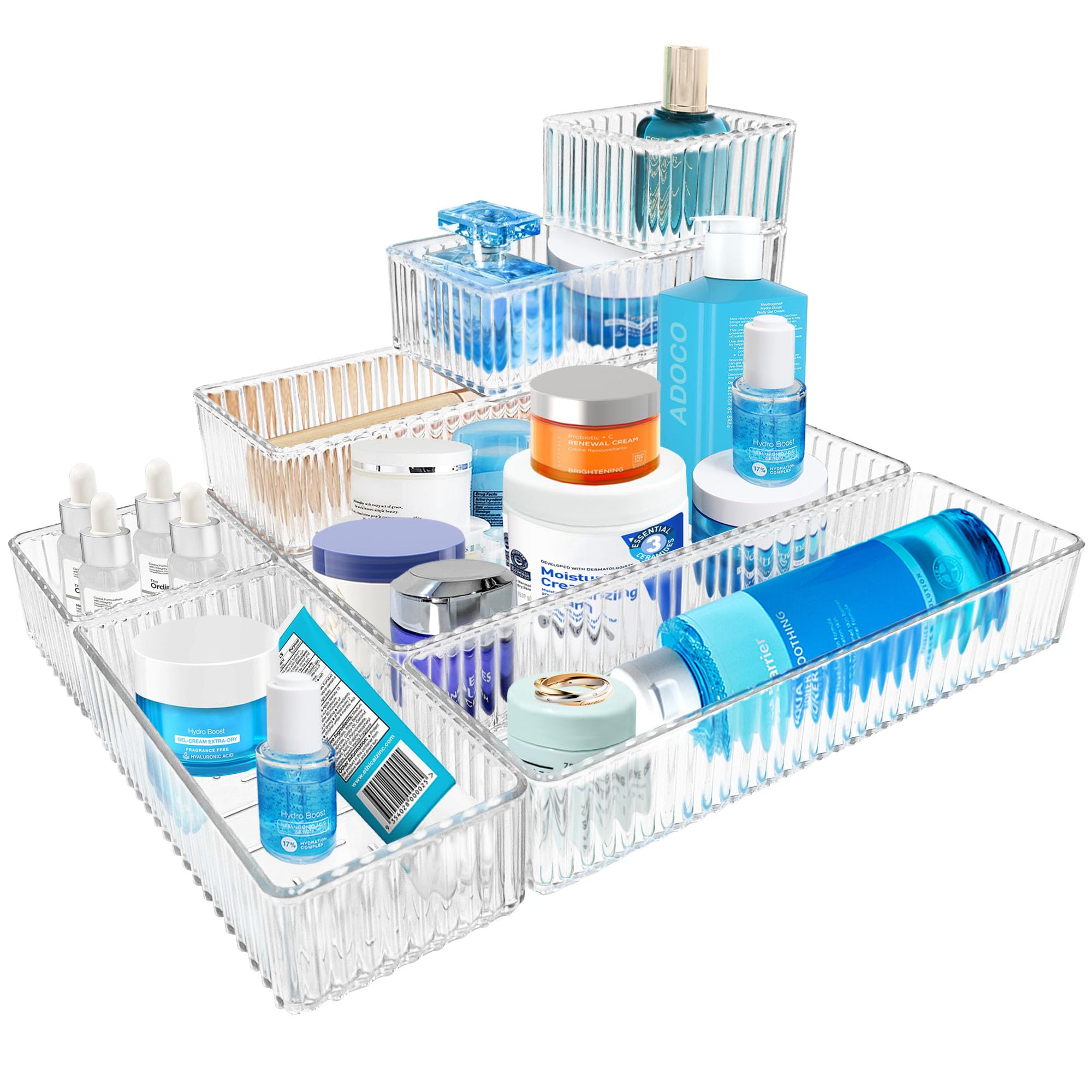 Photo 1 of Adoco 7 PCS Clear Drawer Organizers Bins, 4-Size Stackable Makeup Vanity Drawer Organizer Trays, Acrylic Bathroom Drawer Organizer Storage Containers for Cosmetic,Office Supply