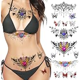 ROARHOWL Women Sexy Temporary Tattoo Sexy Tattoo Set Beautiful Exquisite 3D Realistic Flowers, Butterfly, Abdominate, Chest, Waist and Back Applied Fake Tattoo for Girls ((Design 1))