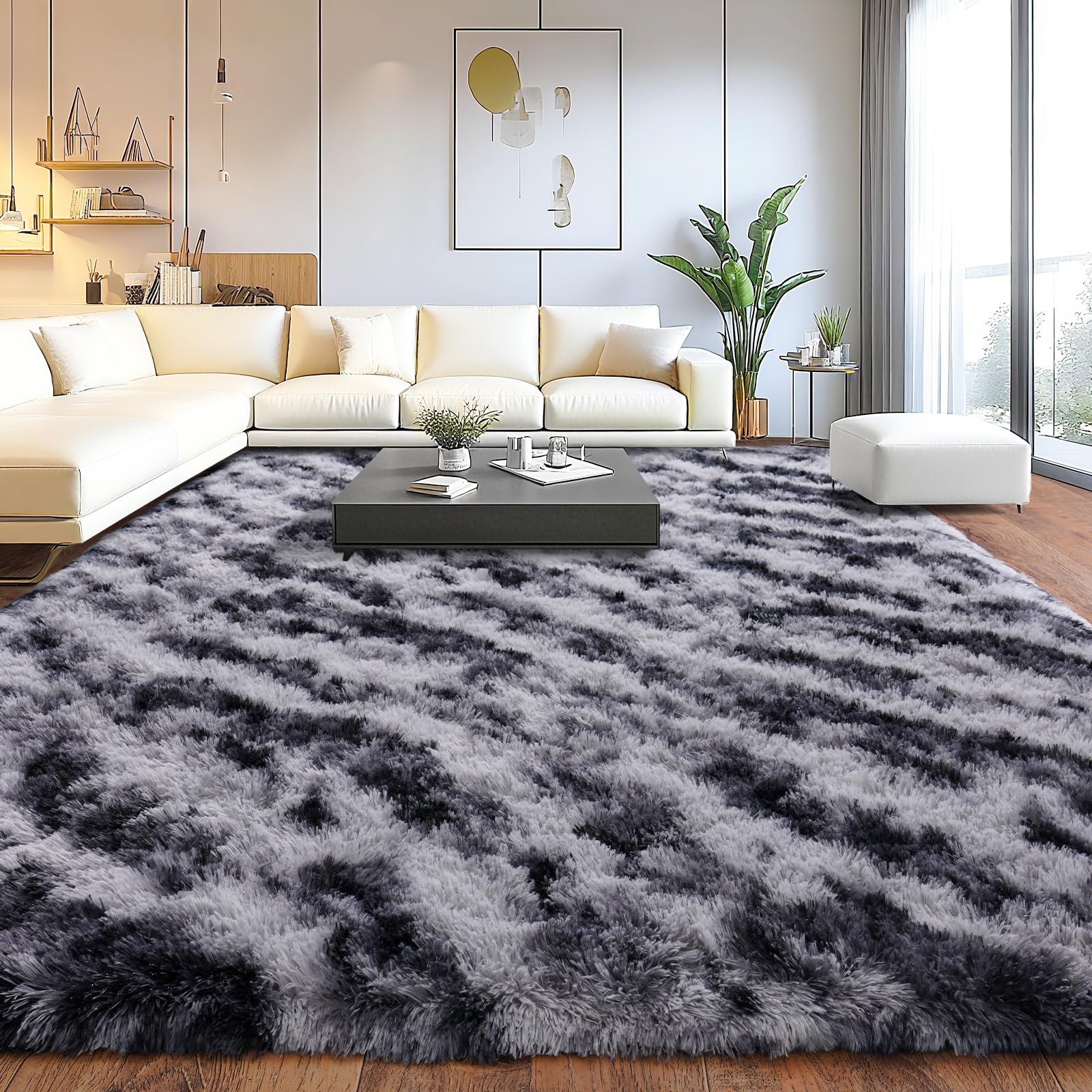 Photo 1 of Shaggy Modern Shag Area Rug for Bedroom, Upgrade Non-Slip Plush Fluffy Carpet for Kids Room Home Decor, Plush Area Rug Tie Dye Stripes 5x7Ft
