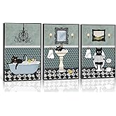 3Pcs Funny Bathroom Black Cat Canvas Wall Art Vintage Cat Taking Bath Reading Newspaper Poster Print Modern Blue Bathroom Decor Pictures Painting for Toilet Laundry Room Artwork Decorations Unframed