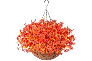 HyeFlora Artificial Fake Fall Autumn Hanging Mums Flowers Plants Basket for Outdoor Outside Decor, Faux Silk Orange Dasiy Flower Look Real UV Resistant for Porch Home Patio Garden Decoration