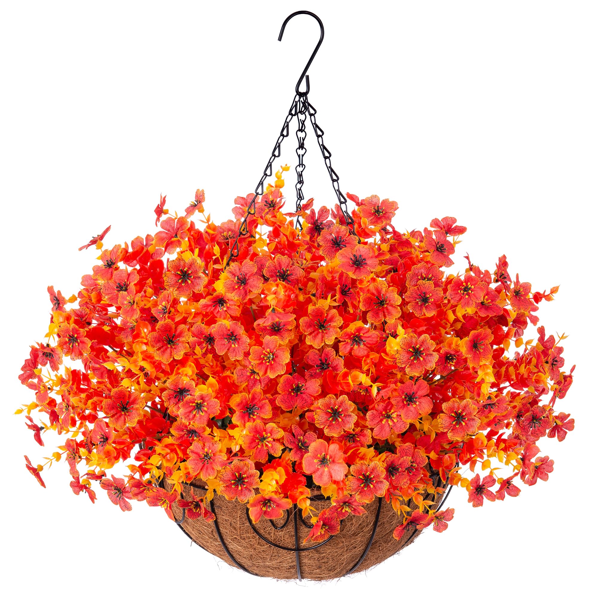 Photo 1 of HyeFlora Artificial Fake Fall Autumn Hanging Mums Flowers Plants Basket for Outdoor Outside Decor, Faux Silk Orange Dasiy Flower Look Real UV Resistant for Porch Home Patio Garden Decoration
