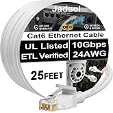 Jadaol [UL Listed] Snagless Cat6 Ethernet Cable 25 ft 10Gbps, PoE++, White | Outdoor&amp;Indoor, 550MHz, 24AWG Pure Copper, Gold-Plated, Cat 6 RJ45 Network LAN Patch Cable for Router, Modem, Switch, Gaming