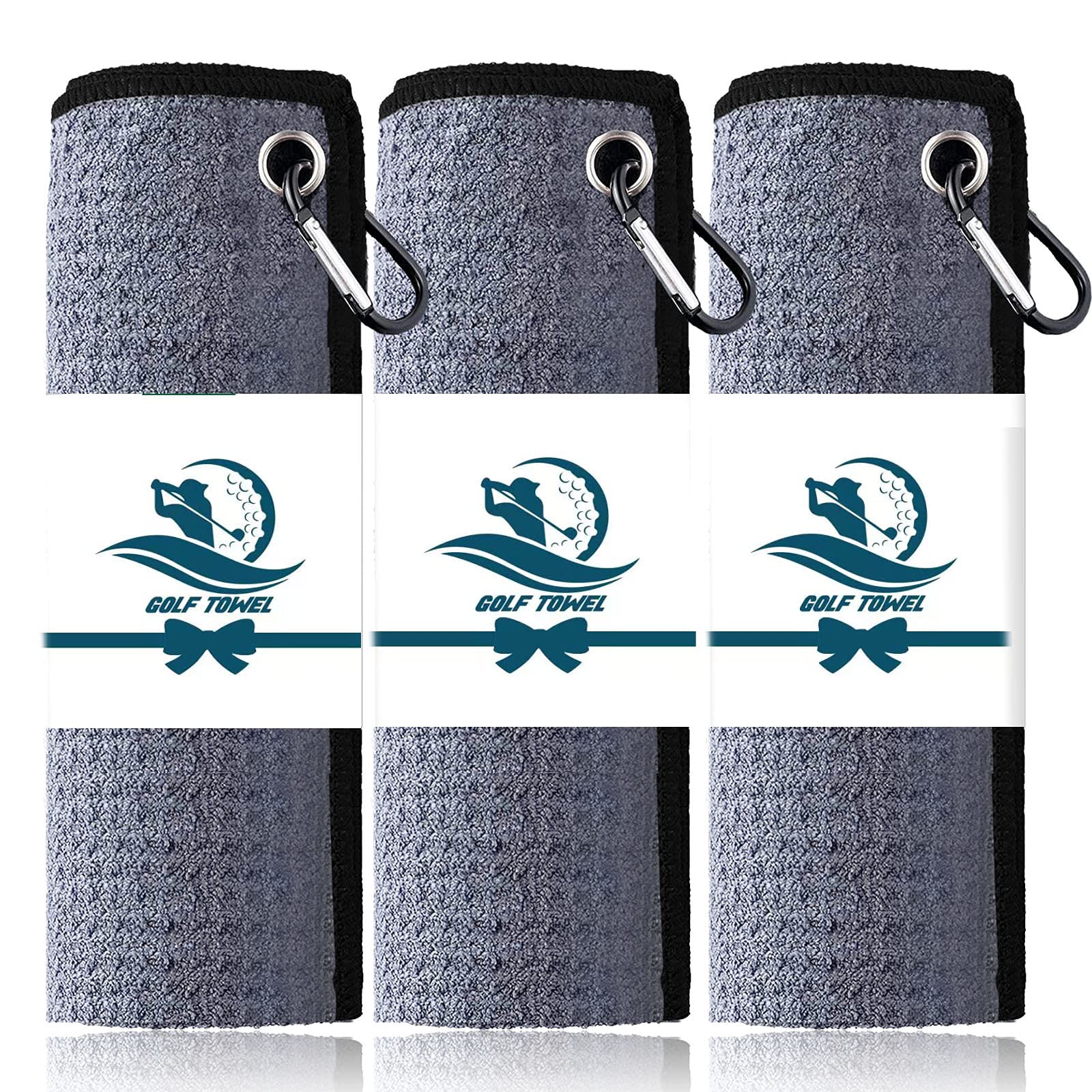 FINGER TEN 3 Pack Golf Towels Microfiber Waffle Pattern Tri-Fold 16“x16”with Heavy Duty Carabiner Clip, Golf Cleaning Towel Superior Water Absorption and Quick Dry for Men Women (Grey)