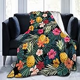 Perinsto Palm Leaves Hibiscus Flowers Hawaii Throw Blanket Ultra Soft Warm All Season Tropical Pineapples Fruit Decorative Fleece Blankets for Bed Chair Car Sofa Couch Bedroom 80"X60"