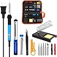 Soldering Iron Kit Electronics, 60W Adjustable Temperature Welding Tool, 5pcs Soldering Tips, Desoldering Pump, Tin Wire Tube, Soldering Iron Stand, Tweezers, Wire Stripper Cutter,2pcs Electronic Wire