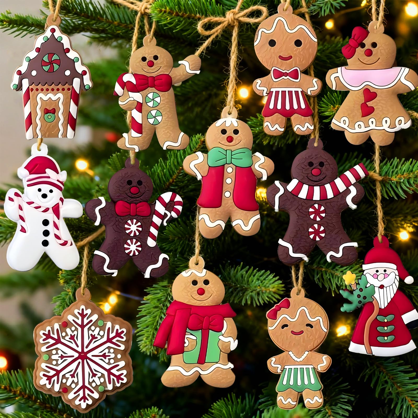 Photo 1 of 12pcs Christmas Tree Ornaments Cute Snowman Xmas Tree Decorations Santa Claus Assorted Gingerbread Figurines Ornaments with Sugar Cookie House for Christmas Tree Hanging Decorations 3 Inch Tall
